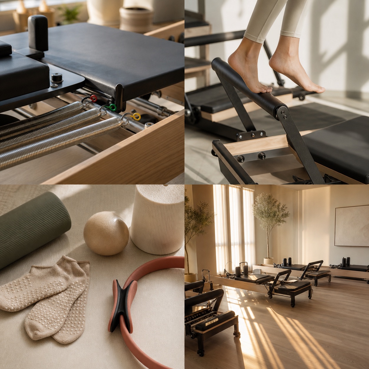 리포머와 매트, 정렬선을 담은 ALIGN ROOM 스튜디오 장면 모음